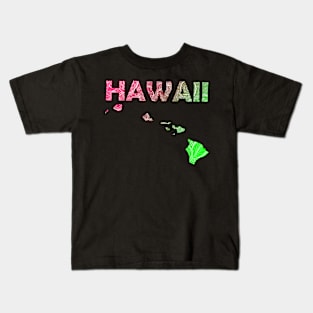 Colorful mandala art map of Hawaii with text in pink and green Kids T-Shirt